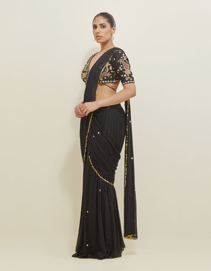 Black Hand Embroidered Pre-Draped Georgette Saree Set