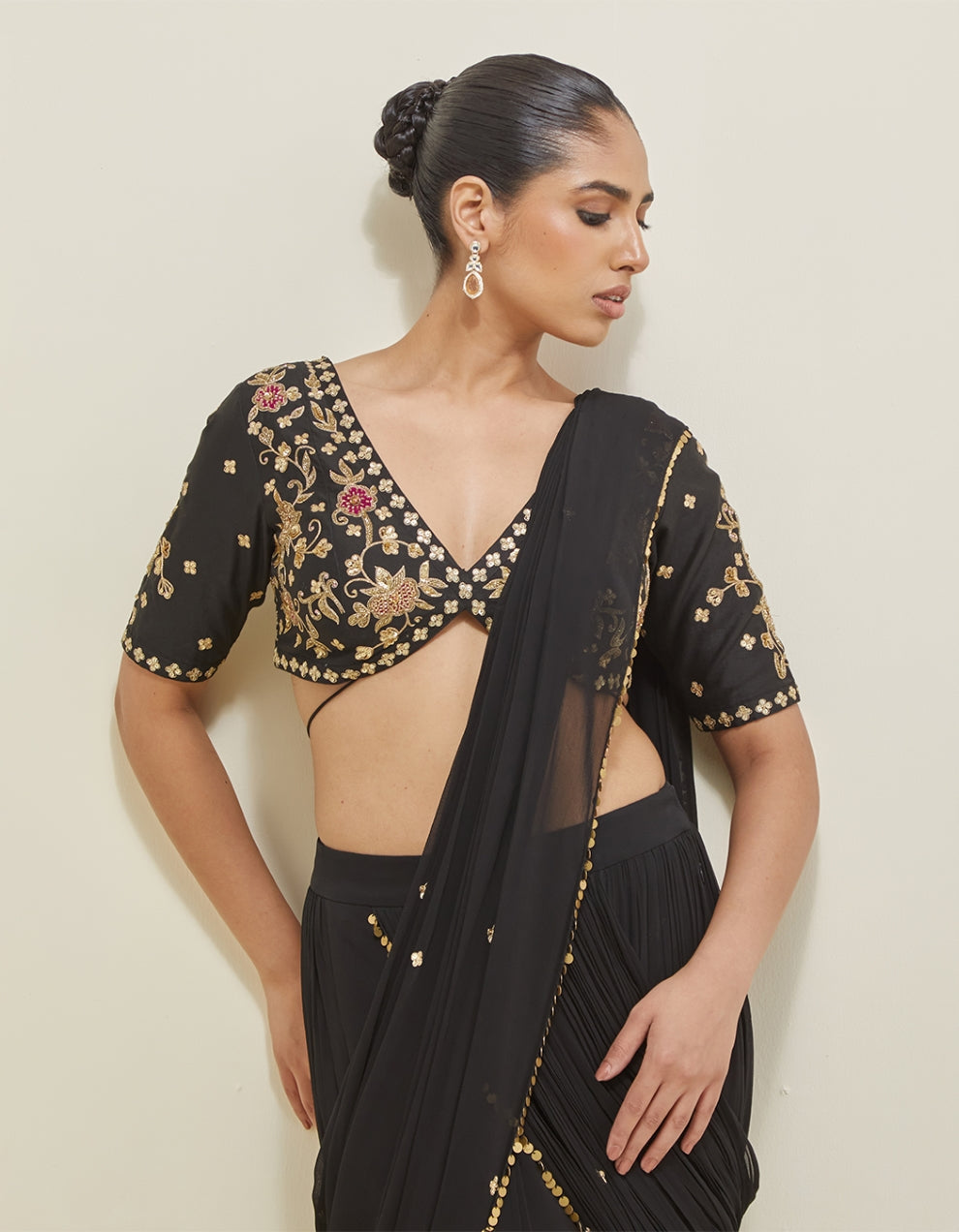 Black Hand Embroidered Pre-Draped Georgette Saree Set