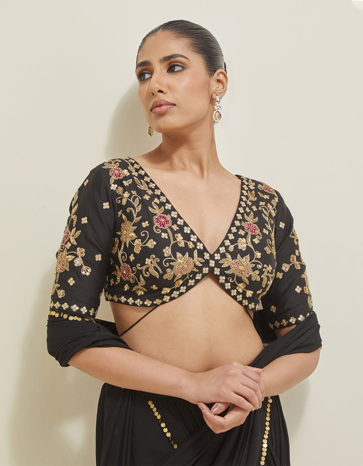 Black Hand Embroidered Pre-Draped Georgette Saree Set
