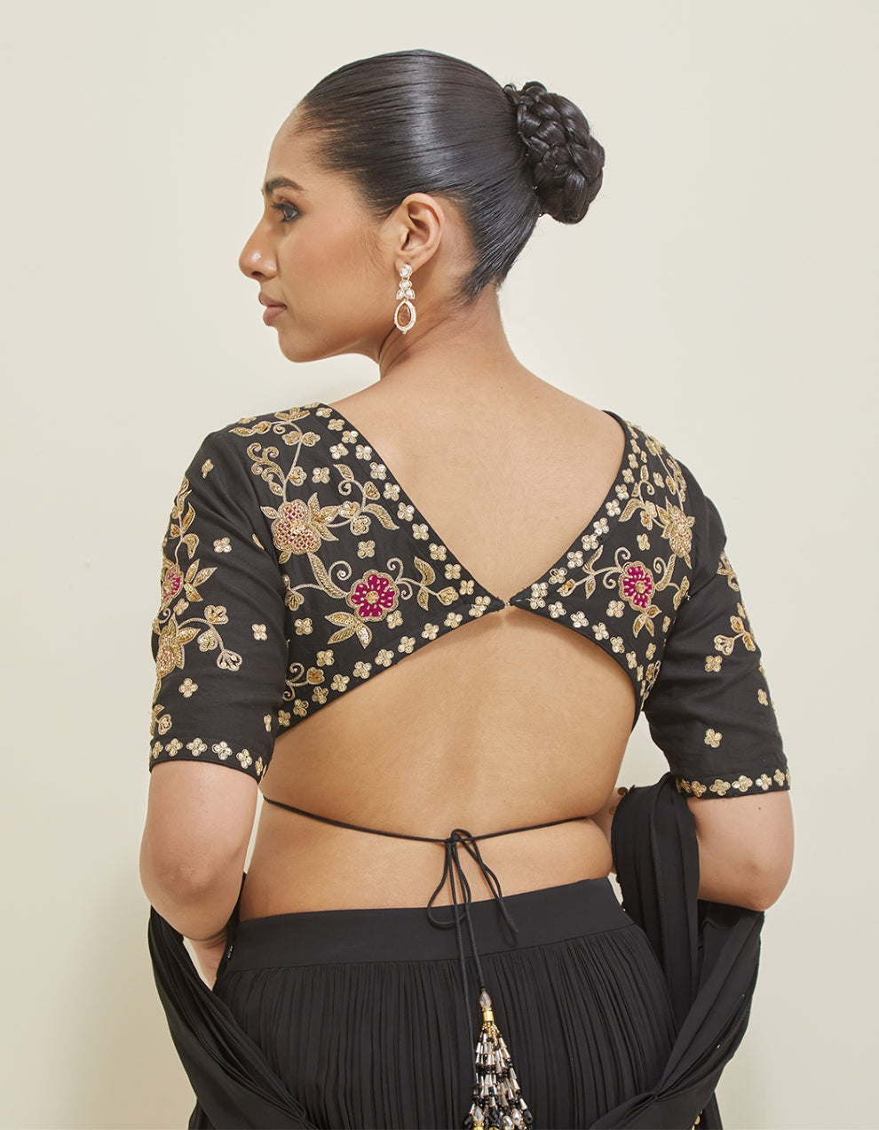 Black Hand Embroidered Pre-Draped Georgette Saree Set