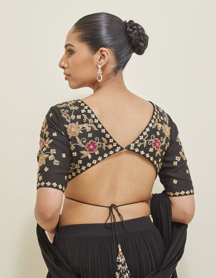 Black Hand Embroidered Pre-Draped Georgette Saree Set