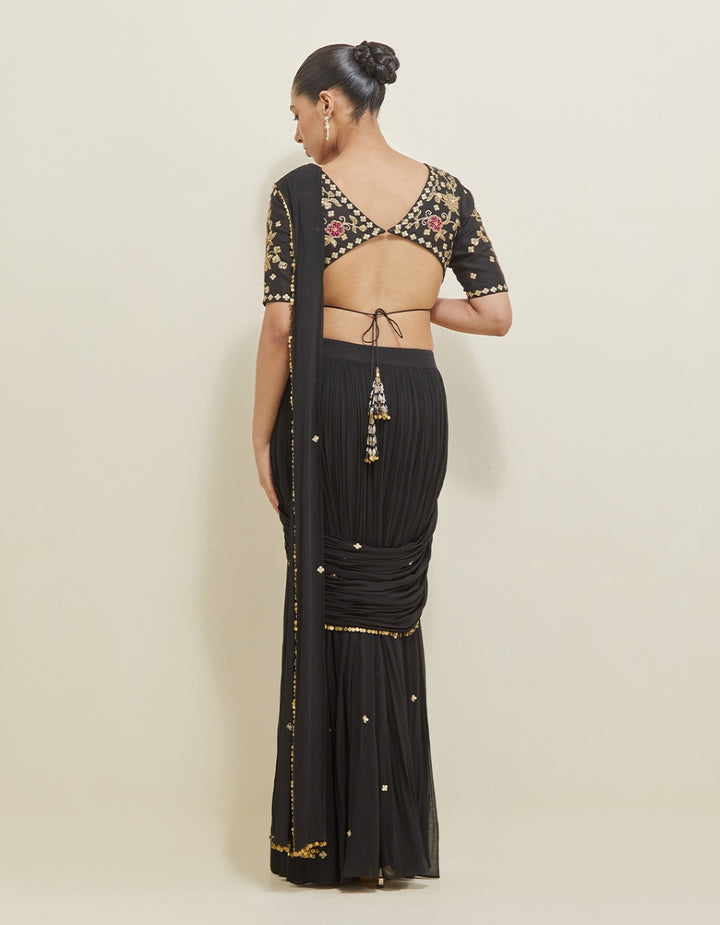 Black Hand Embroidered Pre-Draped Georgette Saree Set