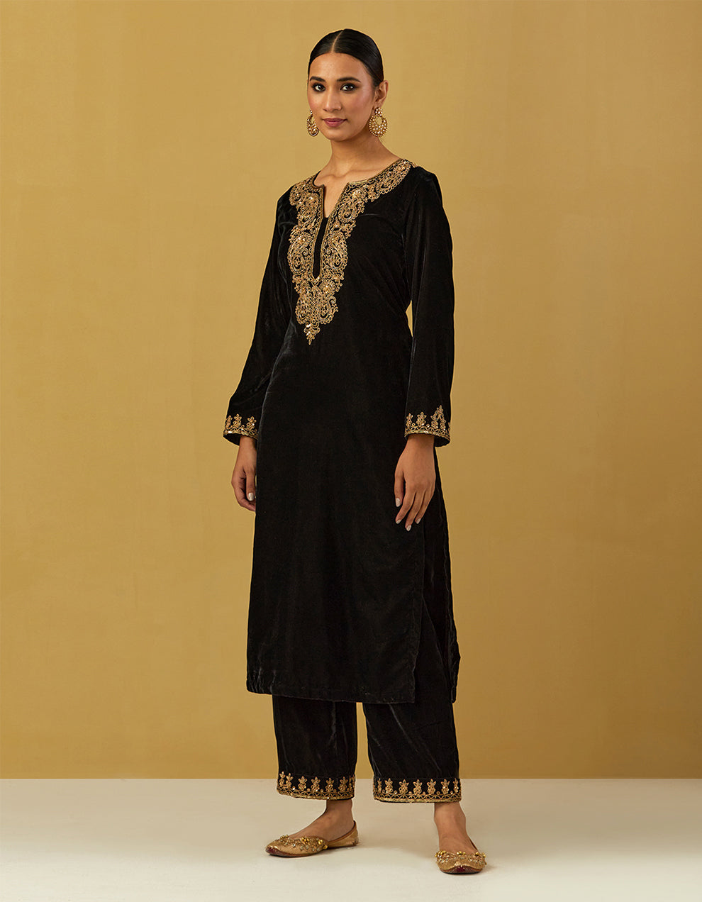 Black Silk Velvet Embroidered Kurta With Pants