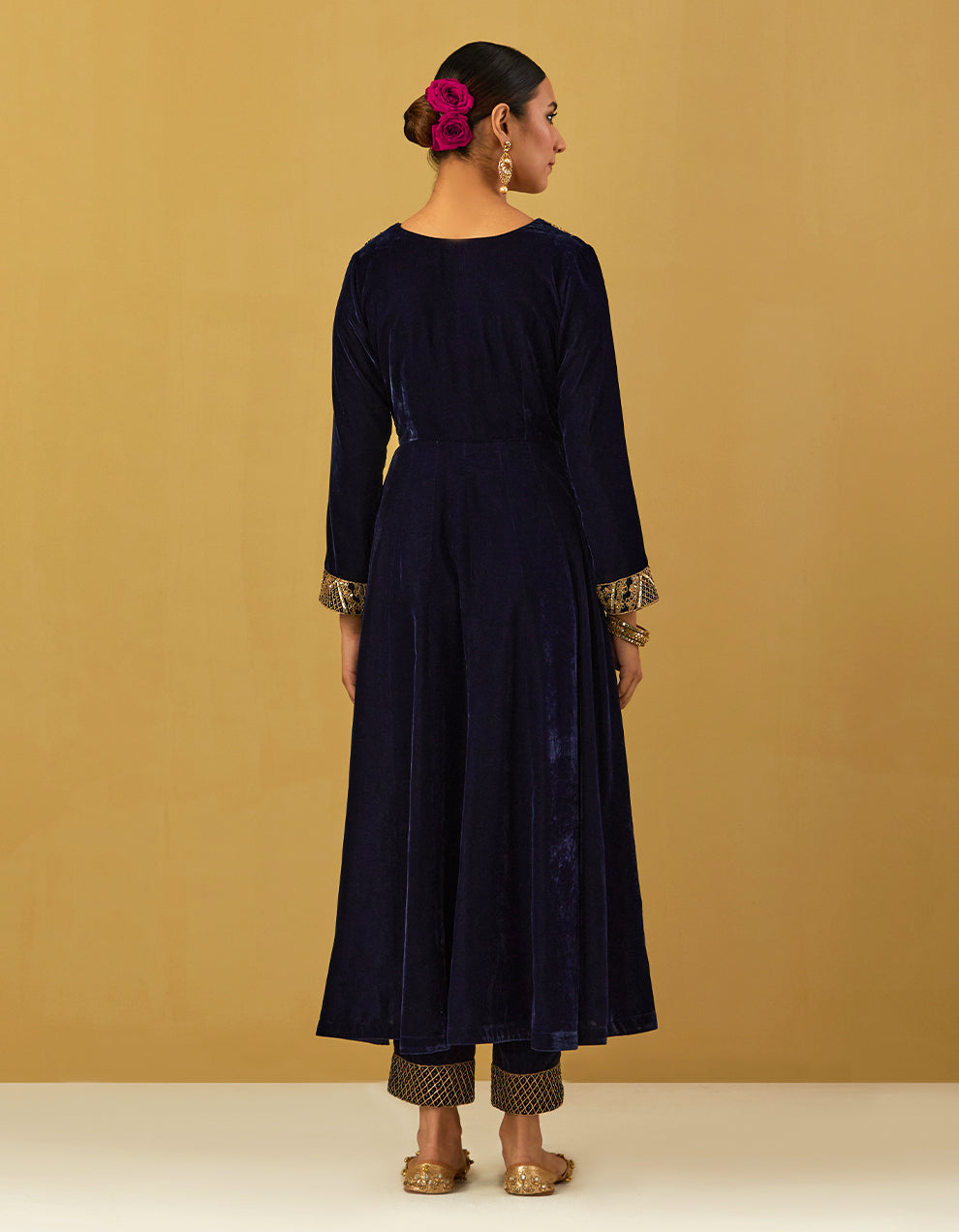 Blue Silk Velvet Embroidered Anarkali With Pants And Dupatta