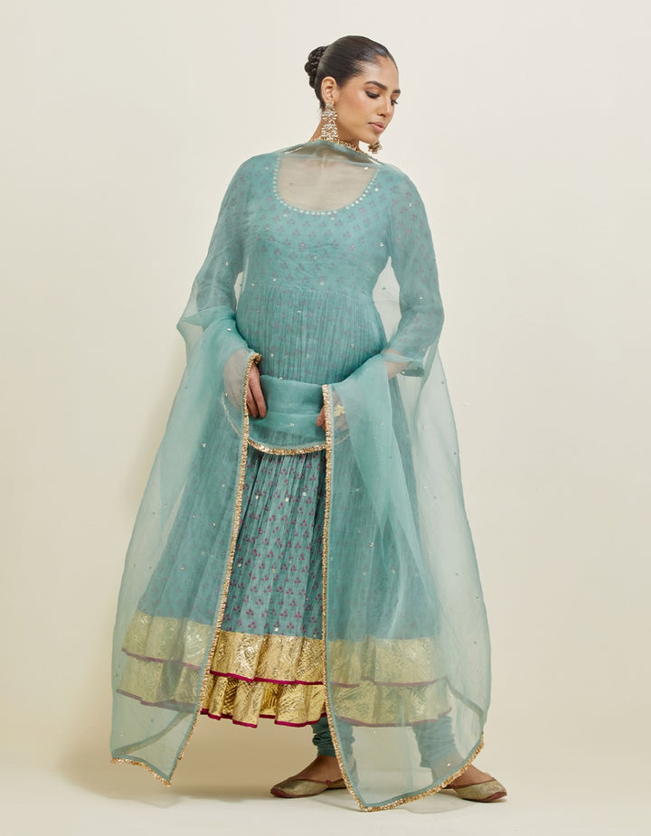 Blue Embroidered Chanderi Anarkali Set