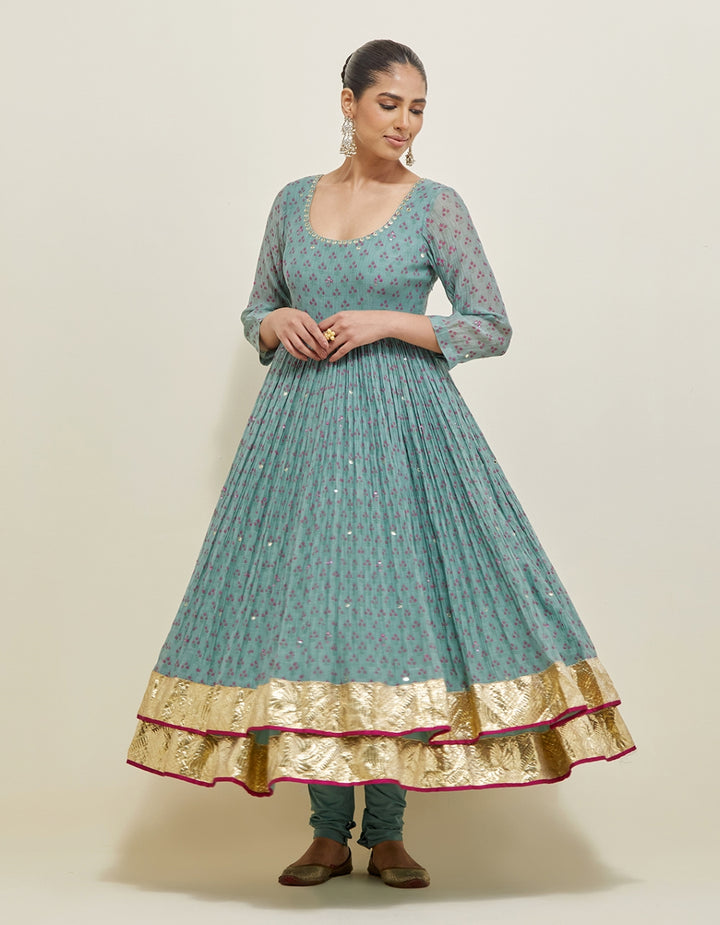 Blue Embroidered Chanderi Anarkali Set
