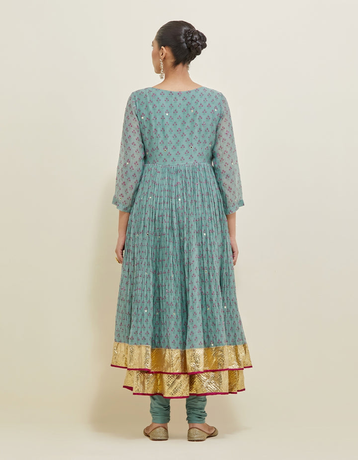 Blue Embroidered Chanderi Anarkali Set