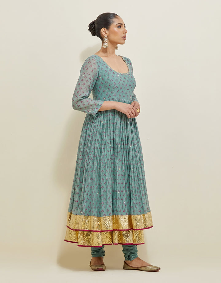 Blue Embroidered Chanderi Anarkali Set