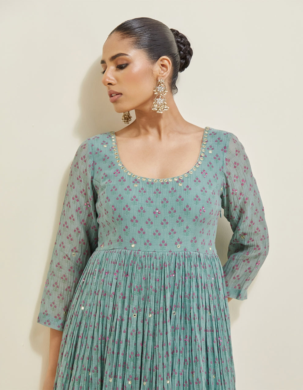 Blue Embroidered Chanderi Anarkali Set