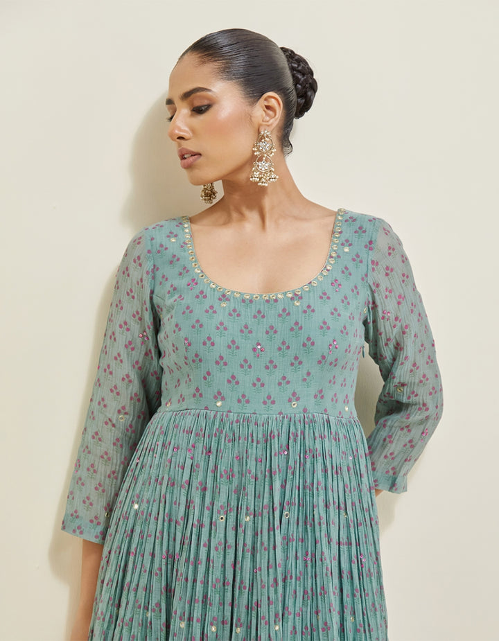 Blue Embroidered Chanderi Anarkali Set
