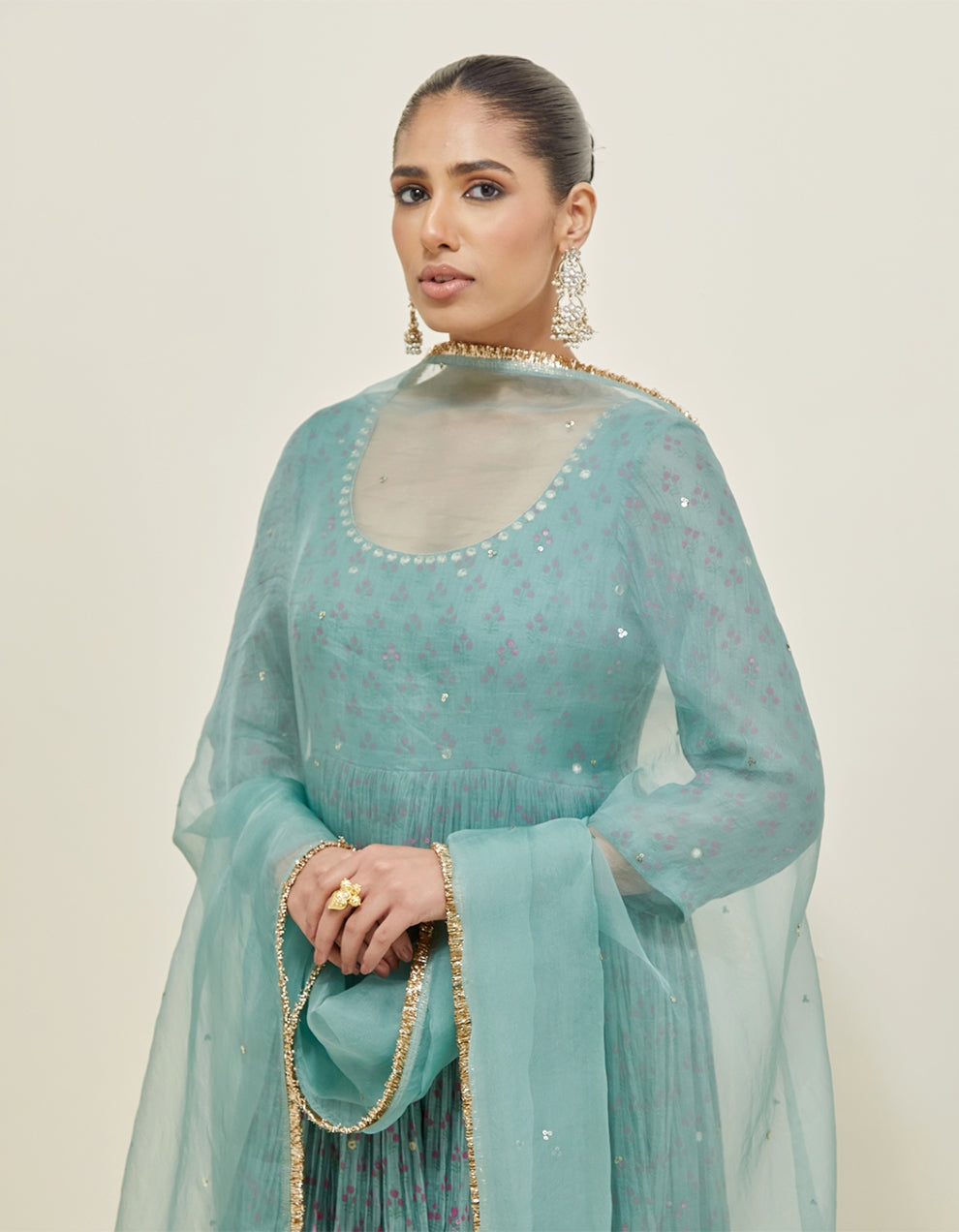 Blue Embroidered Chanderi Anarkali Set