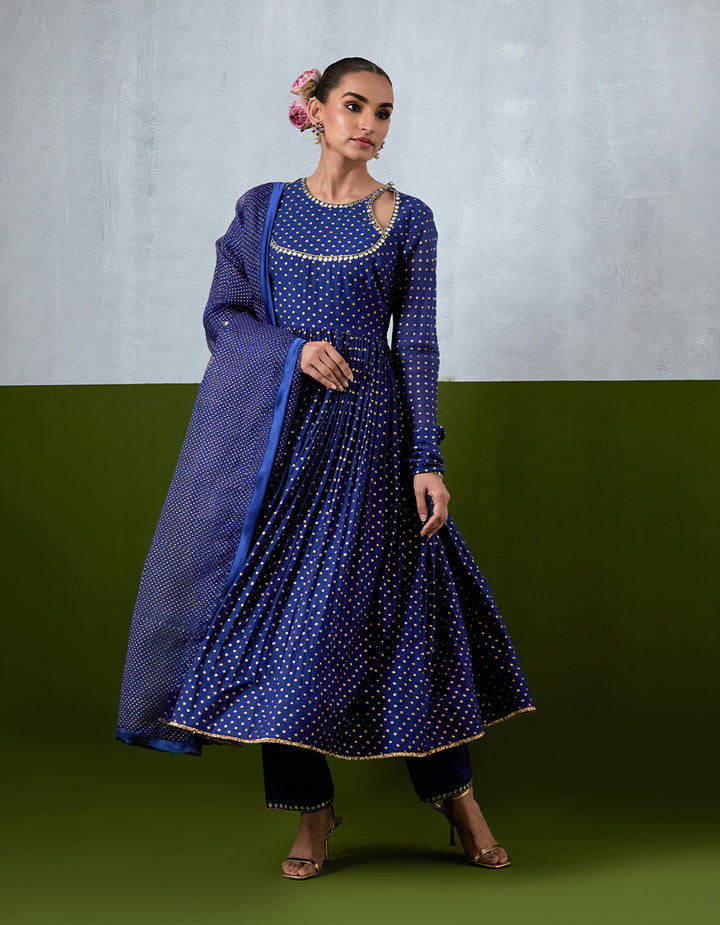 Blue Embroidered Chanderi Anarkali Set