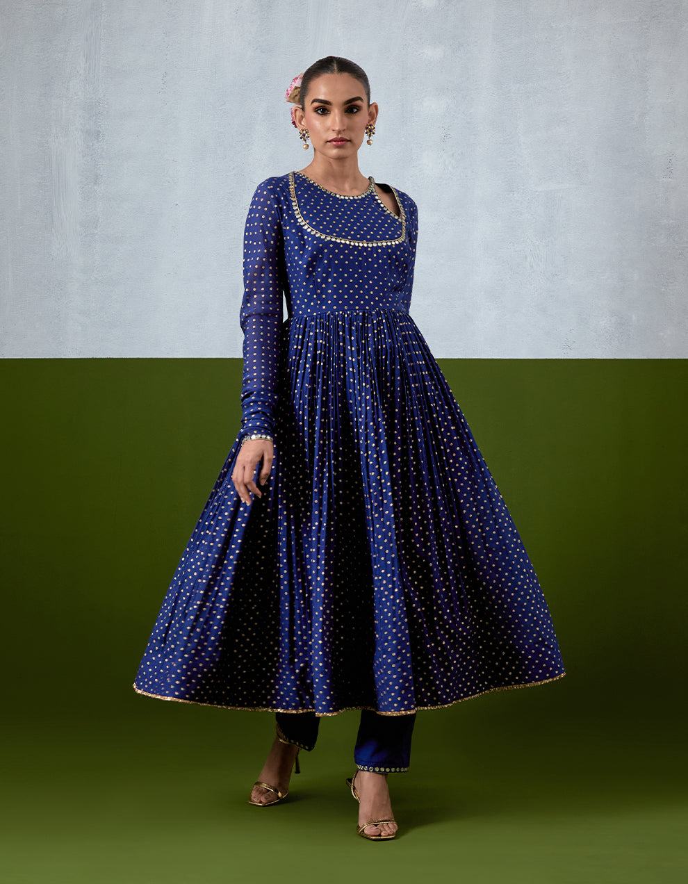 Blue Embroidered Chanderi Anarkali Set
