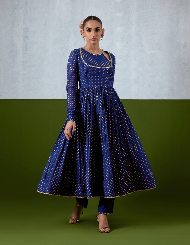 Blue Embroidered Chanderi Anarkali Set