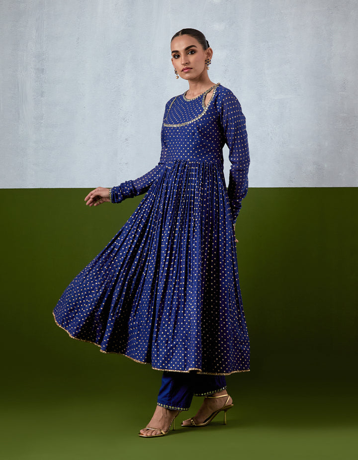 Blue Embroidered Chanderi Anarkali Set