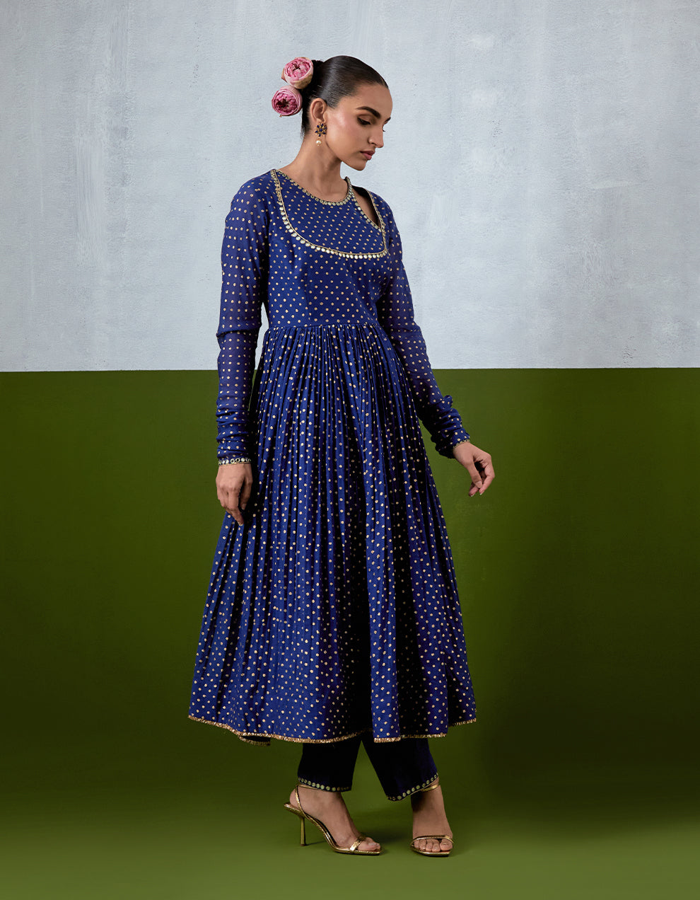 Blue Embroidered Chanderi Anarkali Set