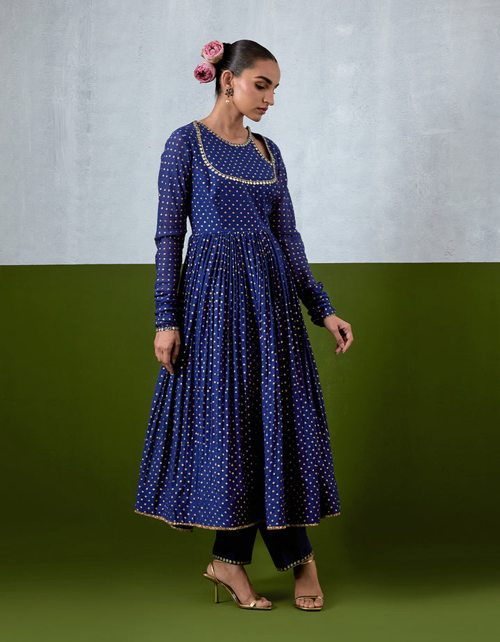 Blue Embroidered Chanderi Anarkali Set
