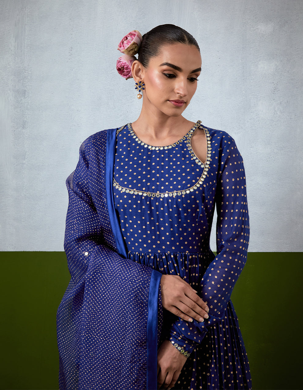 Blue Embroidered Chanderi Anarkali Set