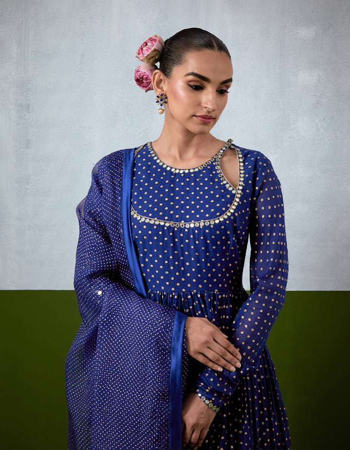 Blue Embroidered Chanderi Anarkali Set