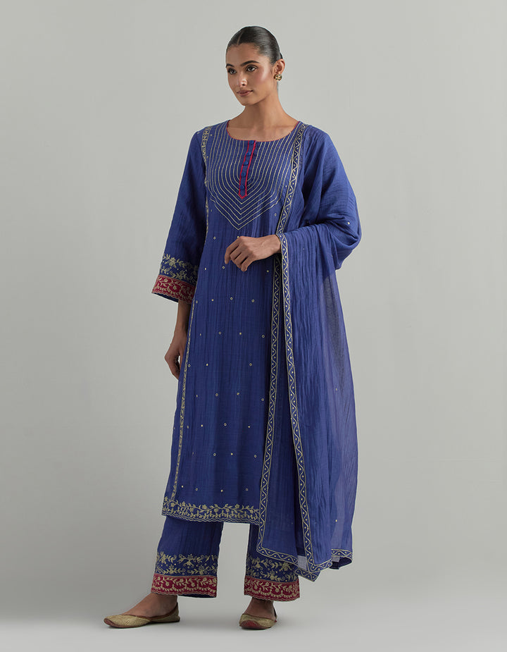 Blue Embroidered Chanderi Suit Set