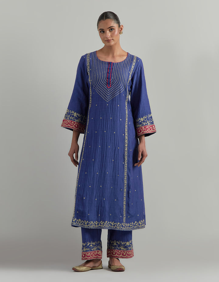 Blue Embroidered Chanderi Suit Set