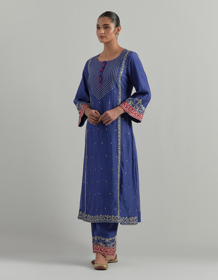 Blue Embroidered Chanderi Suit Set