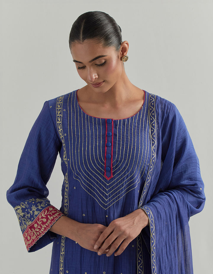 Blue Embroidered Chanderi Suit Set