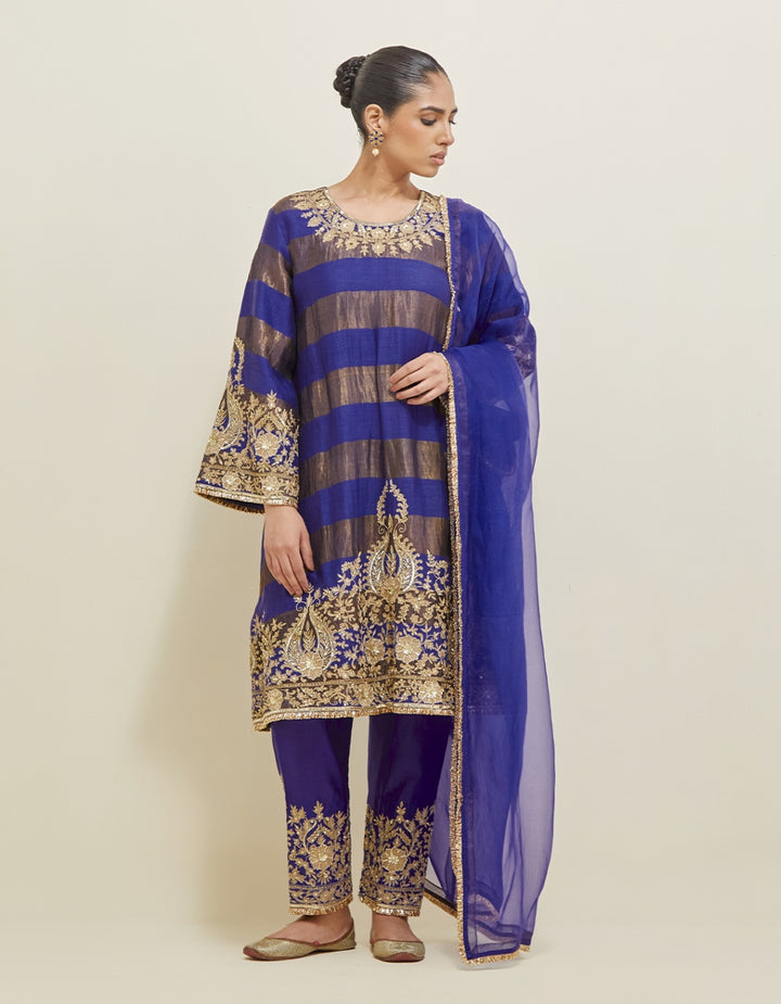 Blue Embroidered Shimmer Suit Set