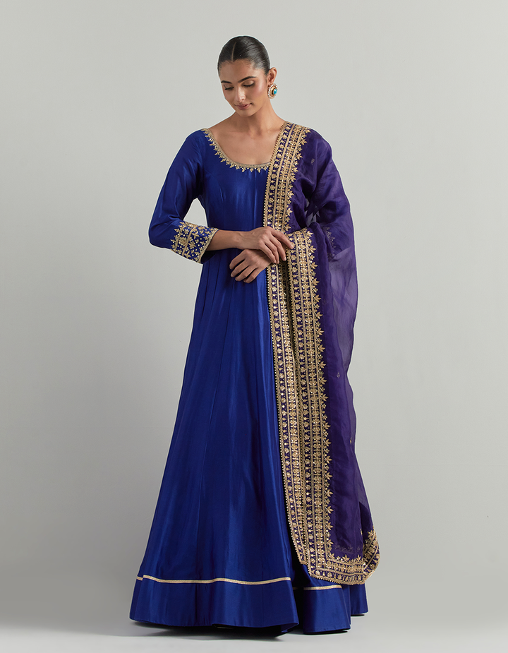 Blue Hand Embroidered Chanderi  Anarkali Suit Set