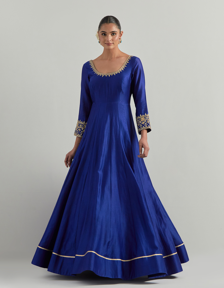 Blue Hand Embroidered Chanderi  Anarkali Suit Set
