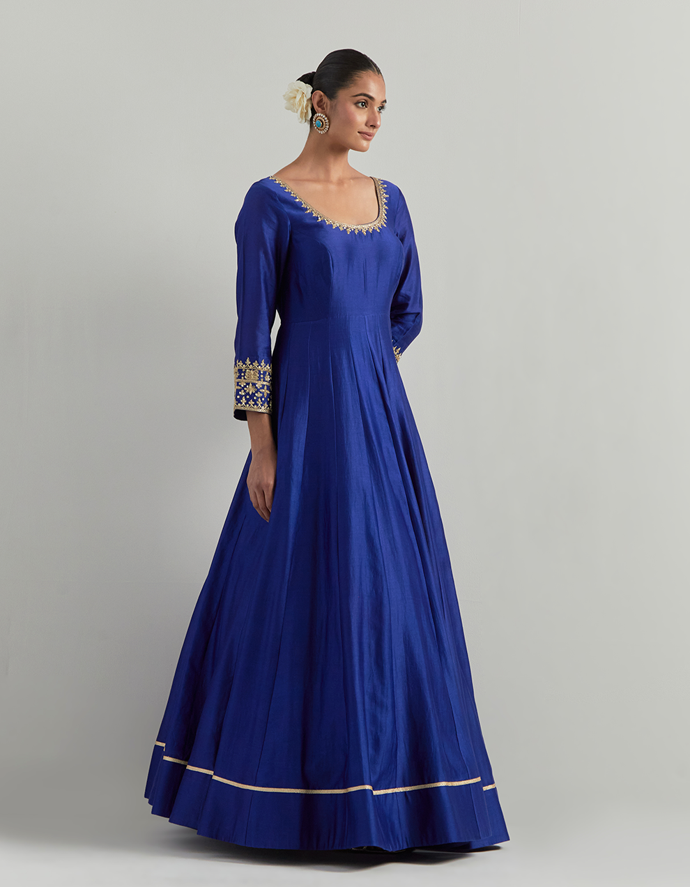 Blue Hand Embroidered Chanderi  Anarkali Suit Set