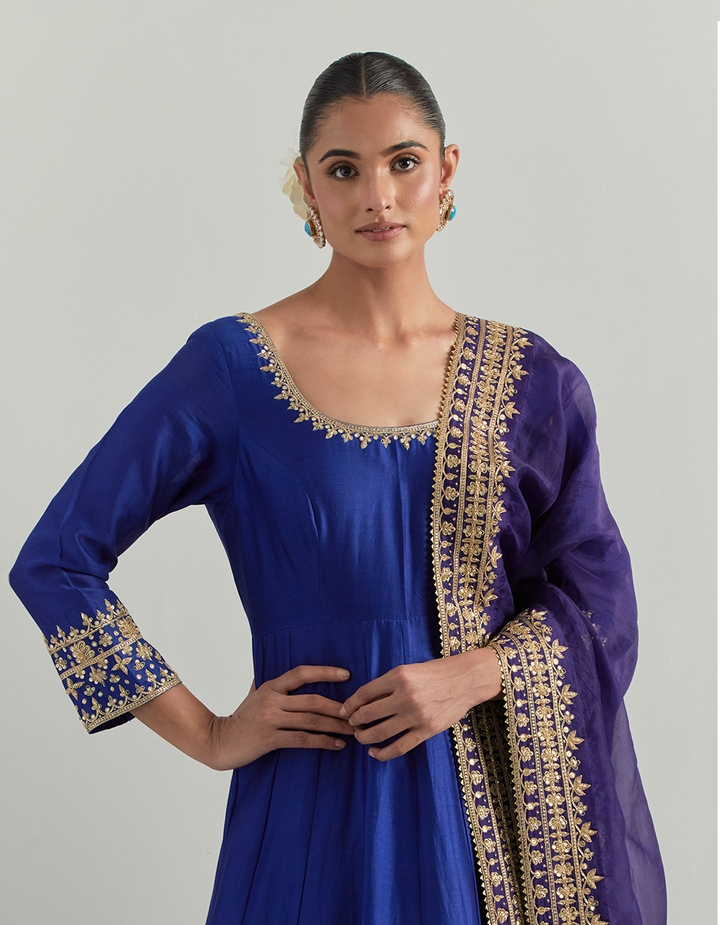Blue Hand Embroidered Chanderi  Anarkali Suit Set