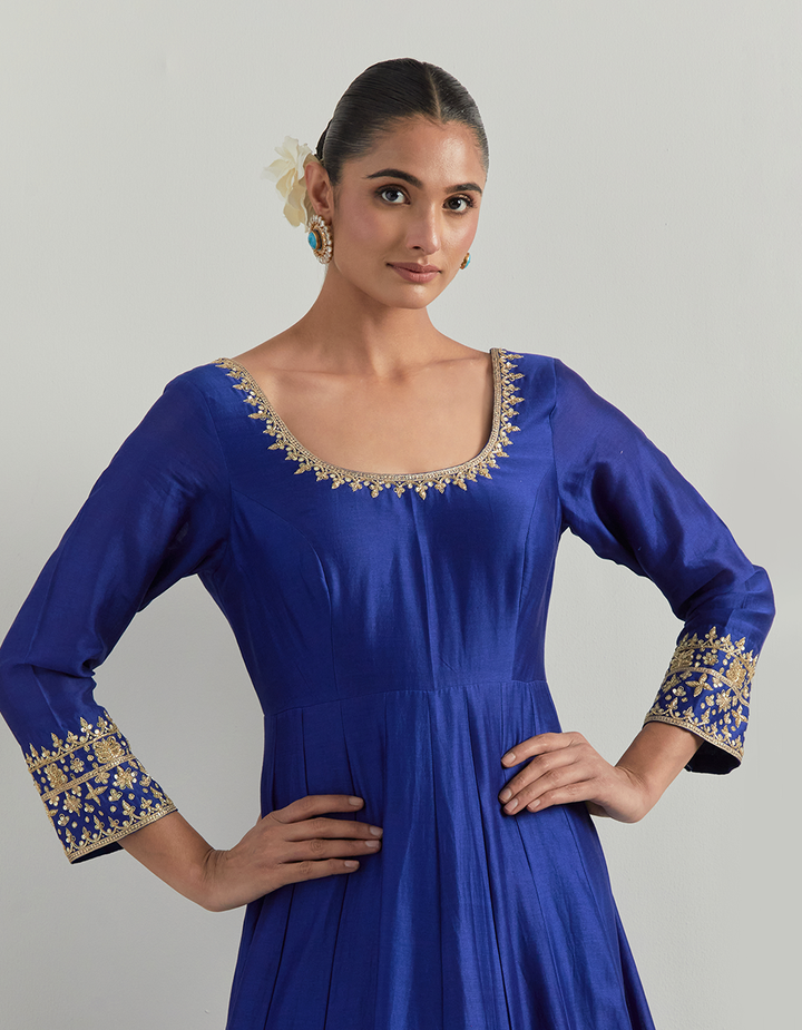 Blue Hand Embroidered Chanderi  Anarkali Suit Set