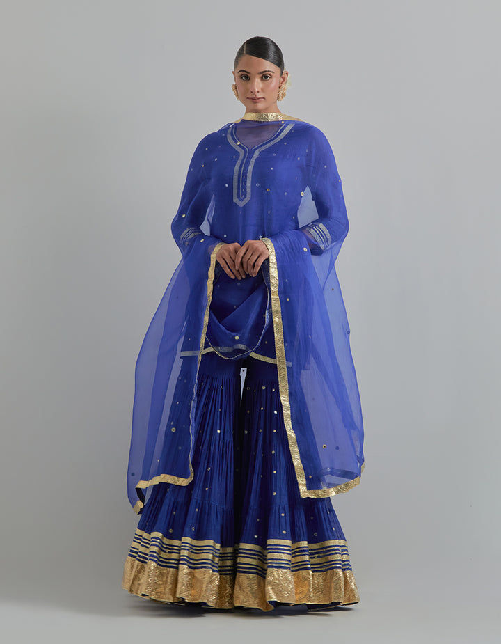 Blue Hand Embroidered Chanderi Gharara Set