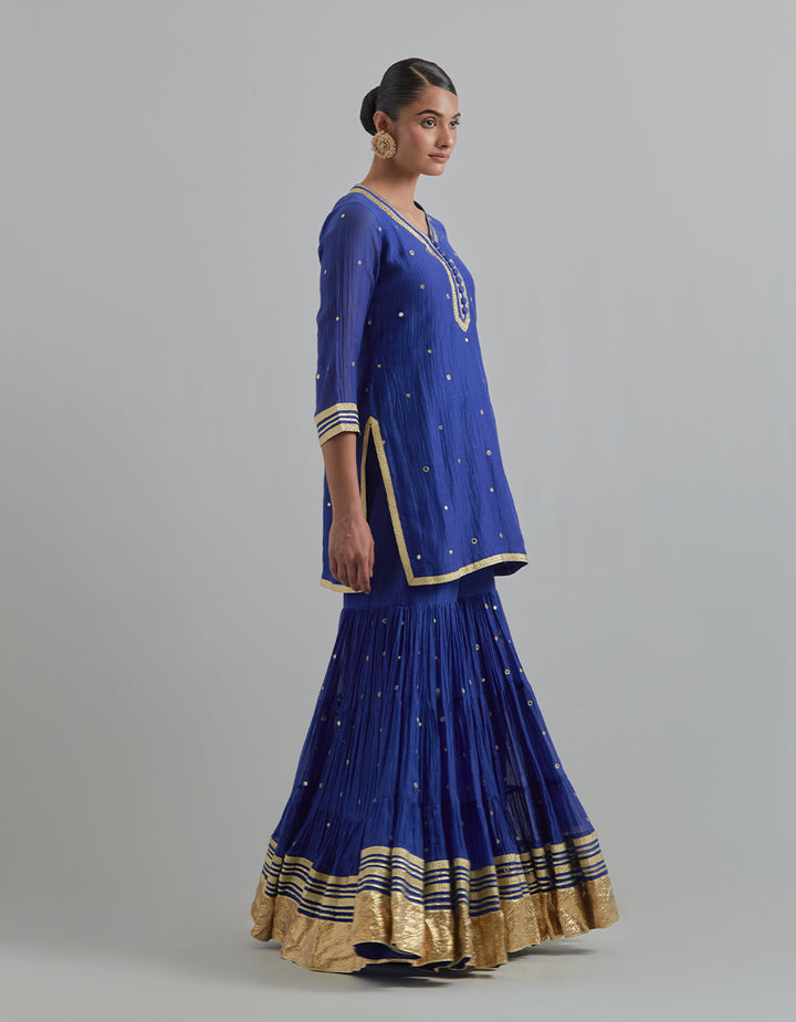 Blue Hand Embroidered Chanderi Gharara Set