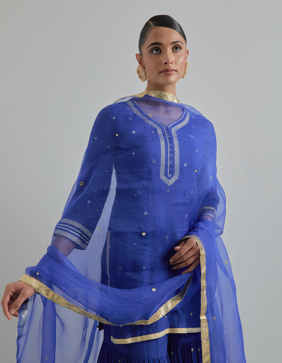 Blue Hand Embroidered Chanderi Gharara Set