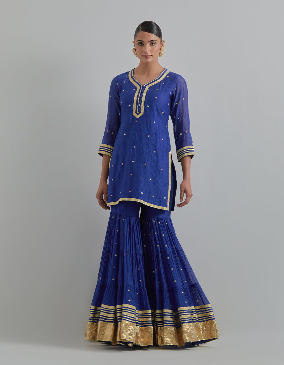 Blue Hand Embroidered Chanderi Gharara Set