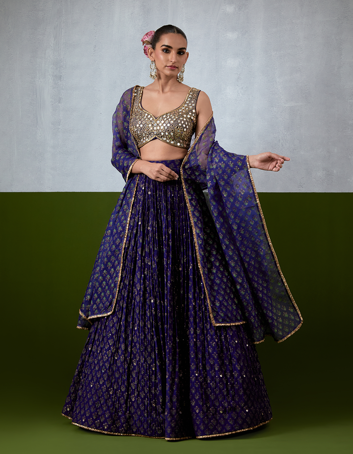 Blue Hand Embroidered Chanderi Lehenga Set