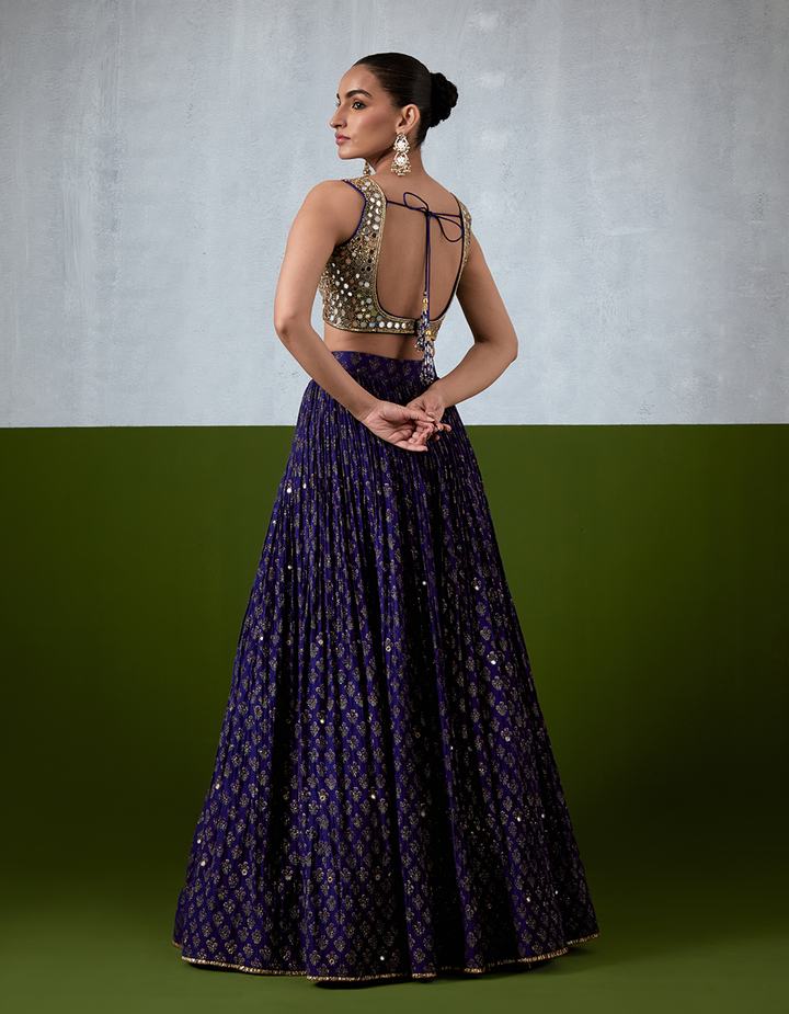 Blue Hand Embroidered Chanderi Lehenga Set