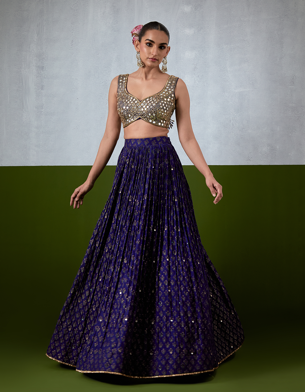 Blue Hand Embroidered Chanderi Lehenga Set