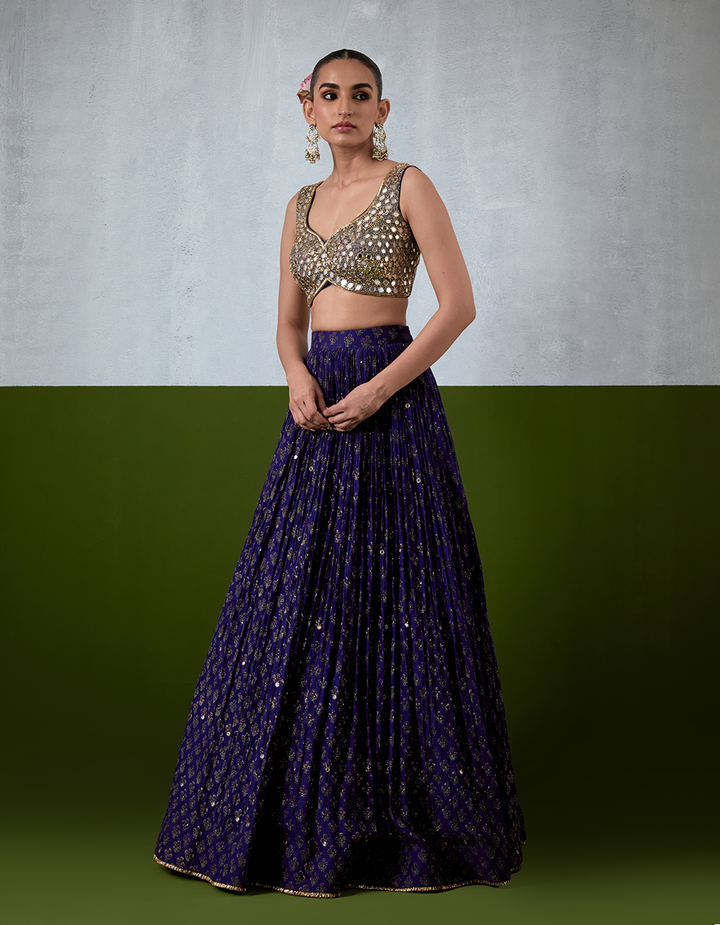 Blue Hand Embroidered Chanderi Lehenga Set