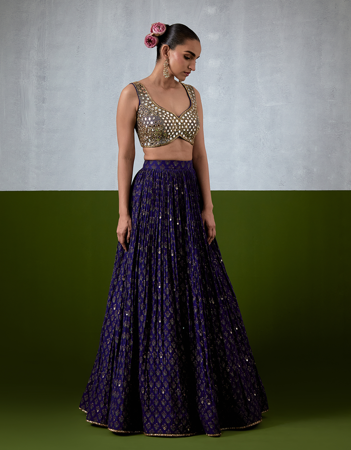 Blue Hand Embroidered Chanderi Lehenga Set