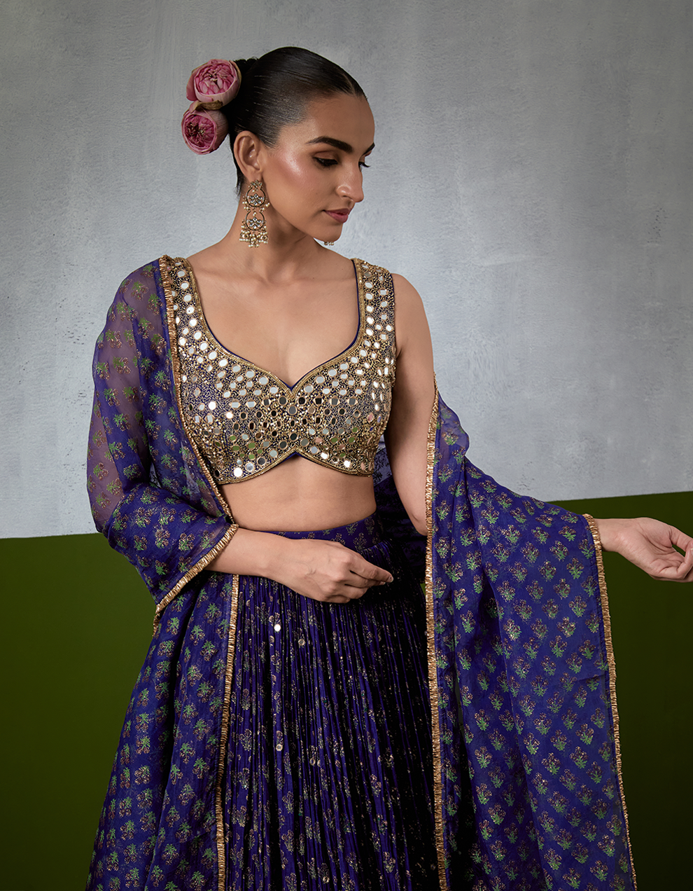 Blue Hand Embroidered Chanderi Lehenga Set