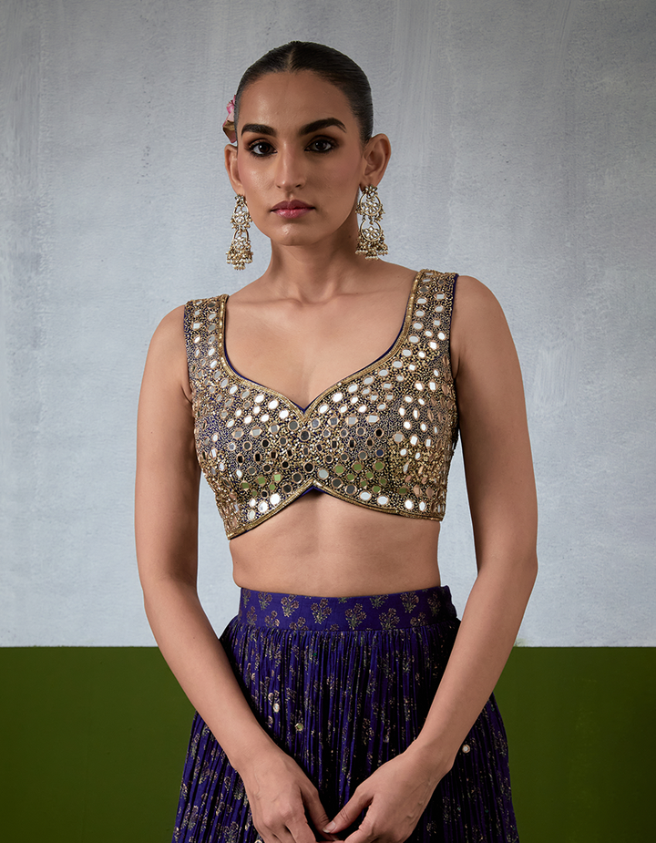 Blue Hand Embroidered Chanderi Lehenga Set