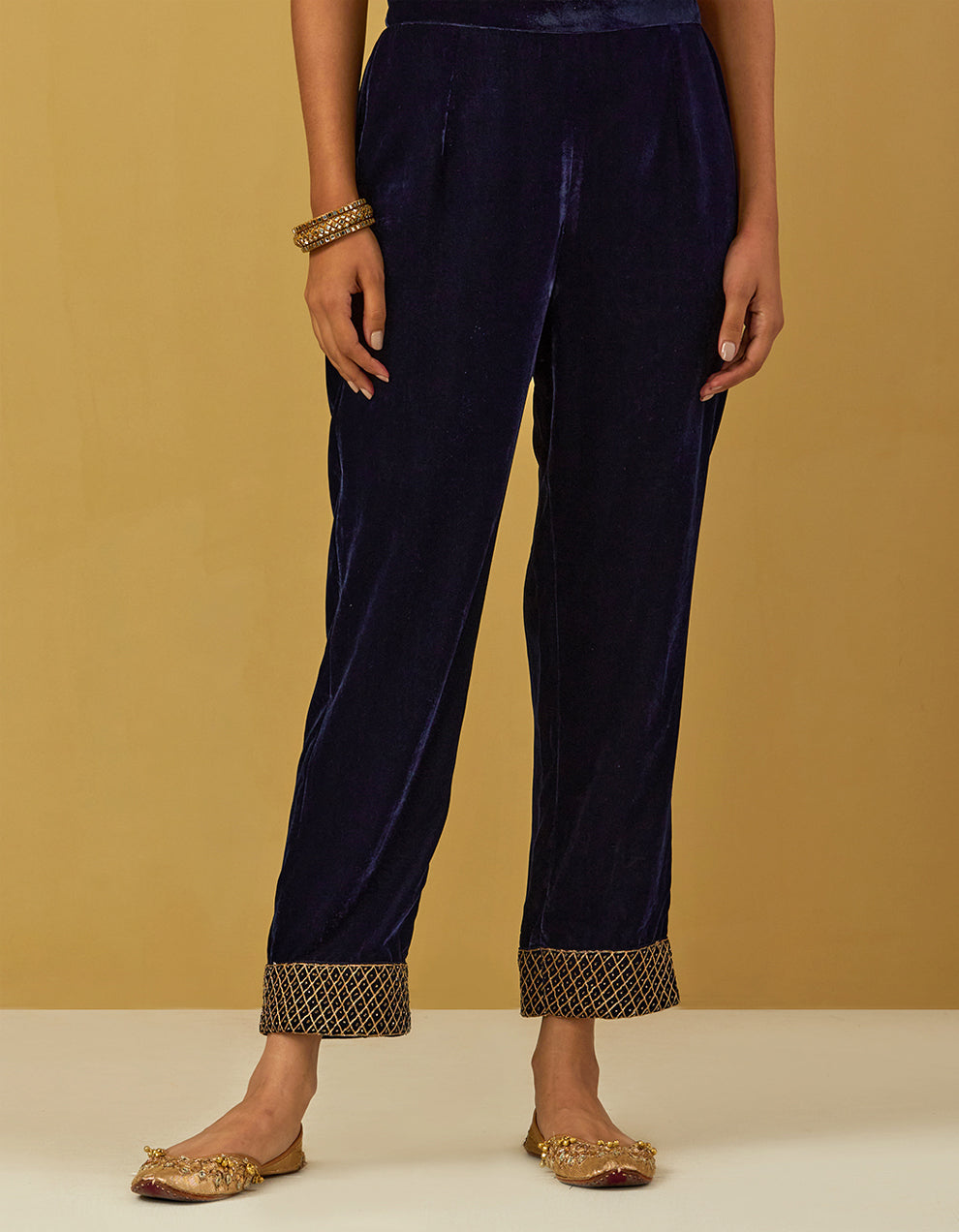 Blue Silk Velvet Embroidered Anarkali With Pants