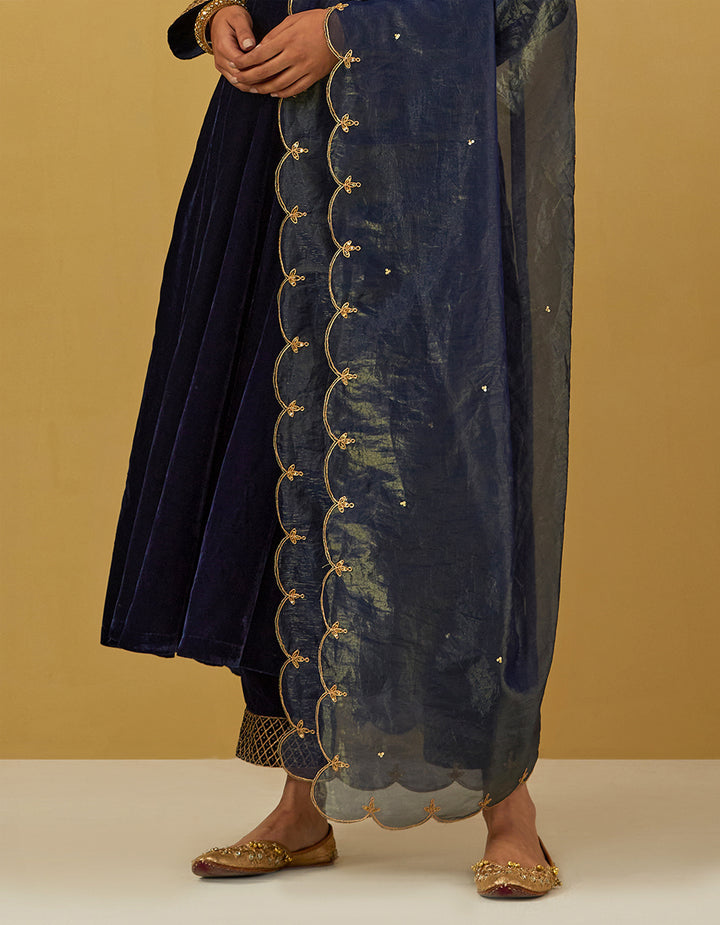 Blue Silk Velvet Embroidered Anarkali With Pants