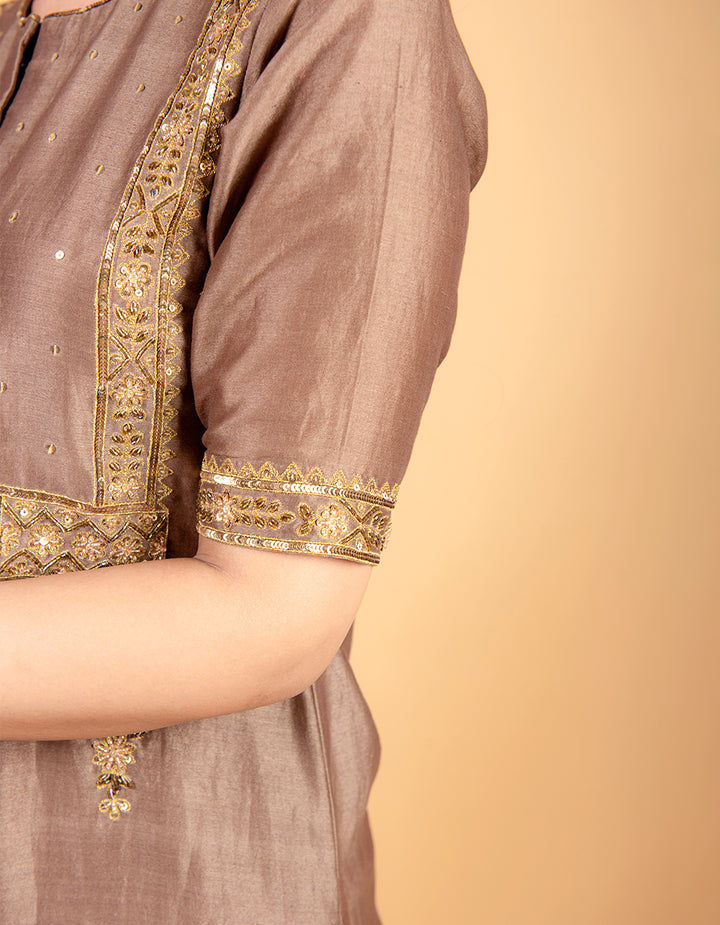 Brown chanderi silk kurta with pants