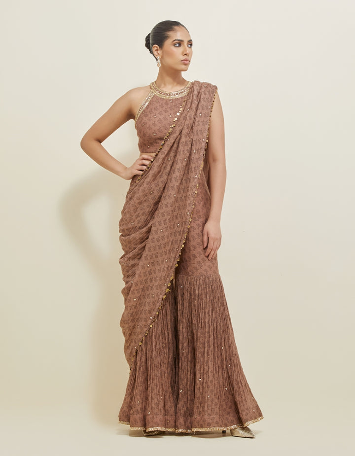 Brown Embroidered Chanderi Gharara Draped Saree Set