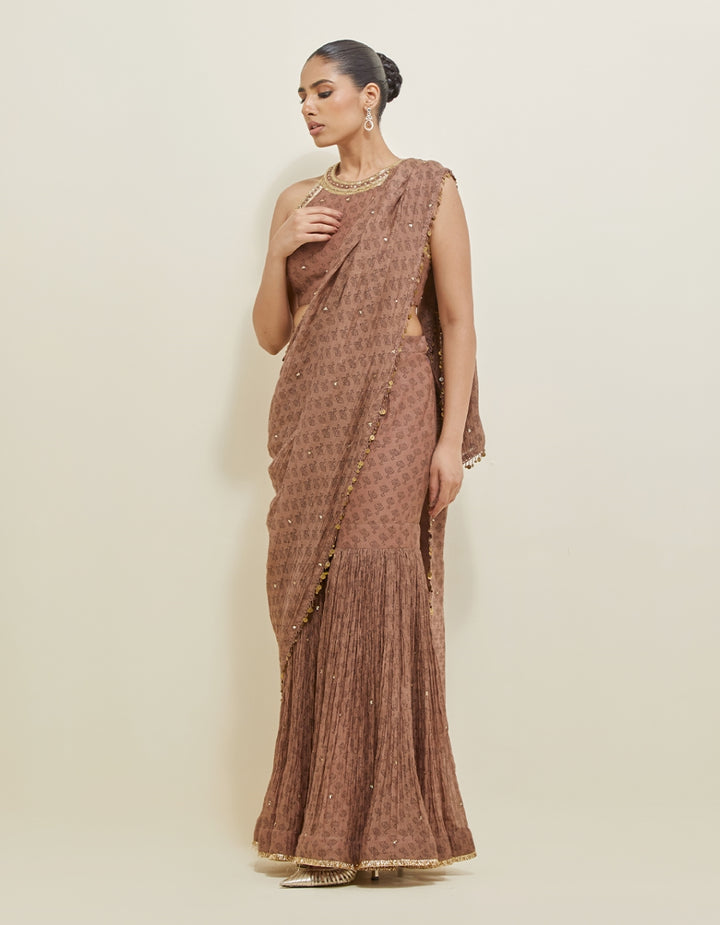 Brown Embroidered Chanderi Gharara Draped Saree Set