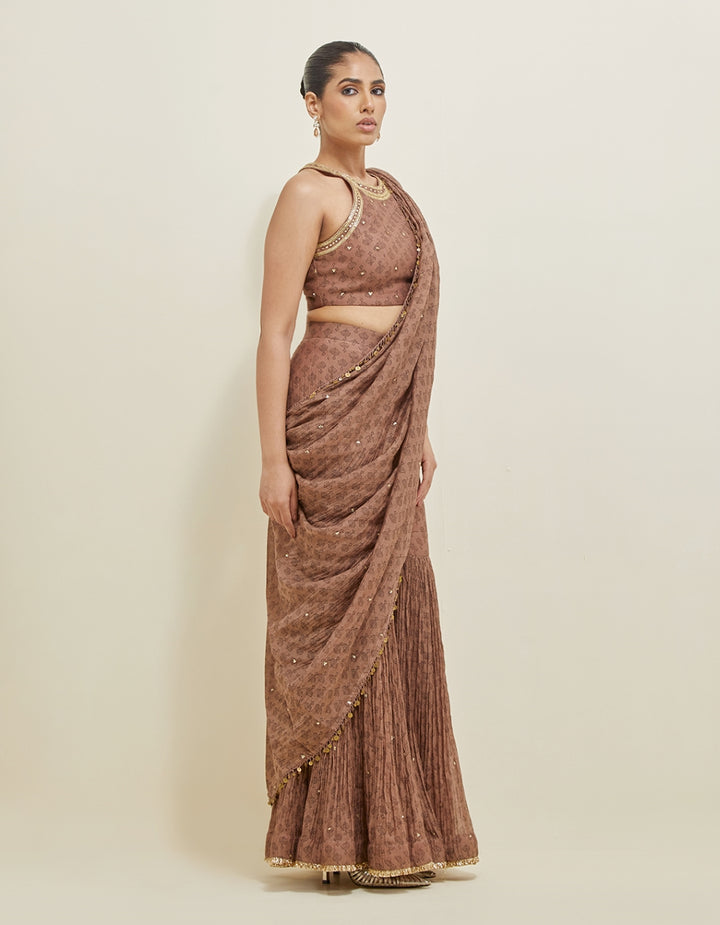 Brown Embroidered Chanderi Gharara Draped Saree Set